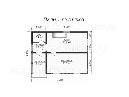 ДК002 - каркасный дом 8х6 - планировка 1 этажа