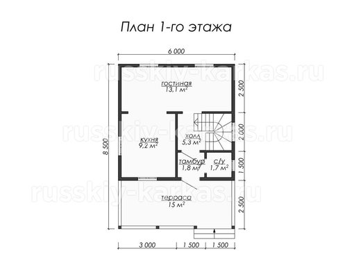 ДК003 - каркасный дом 8.5х6 - планировка 1 этажа