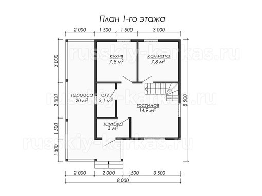 ДК016 - каркасный дом 8.5х8 - планировка 1 этажа