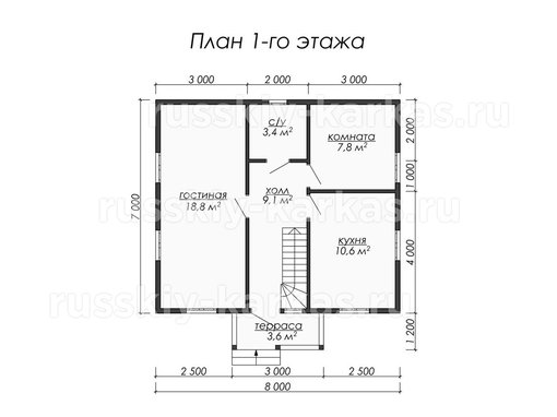 ДК021 - каркасный дом 8х7 - планировка 1 этажа