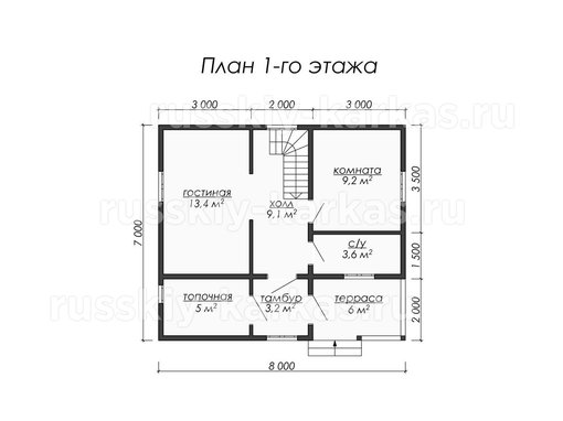 ДК022 - каркасный дом 8х7 - планировка 1 этажа