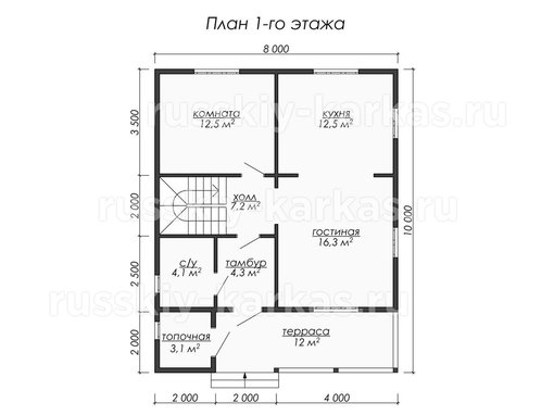 ДК040 - каркасный дом 10х8 - планировка 1 этажа
