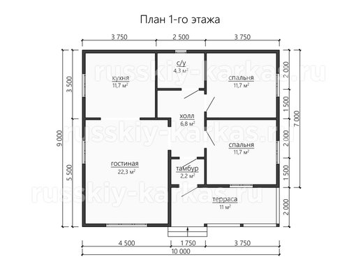 ДК193 - каркасный дом 10х9 - планировка 1 этажа