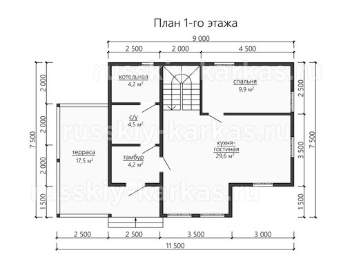 ДК197 - каркасный дом 11.5х7.5 - планировка 1 этажа