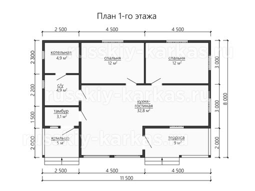 ДК198 - каркасный дом 11.5х8 - планировка 1 этажа