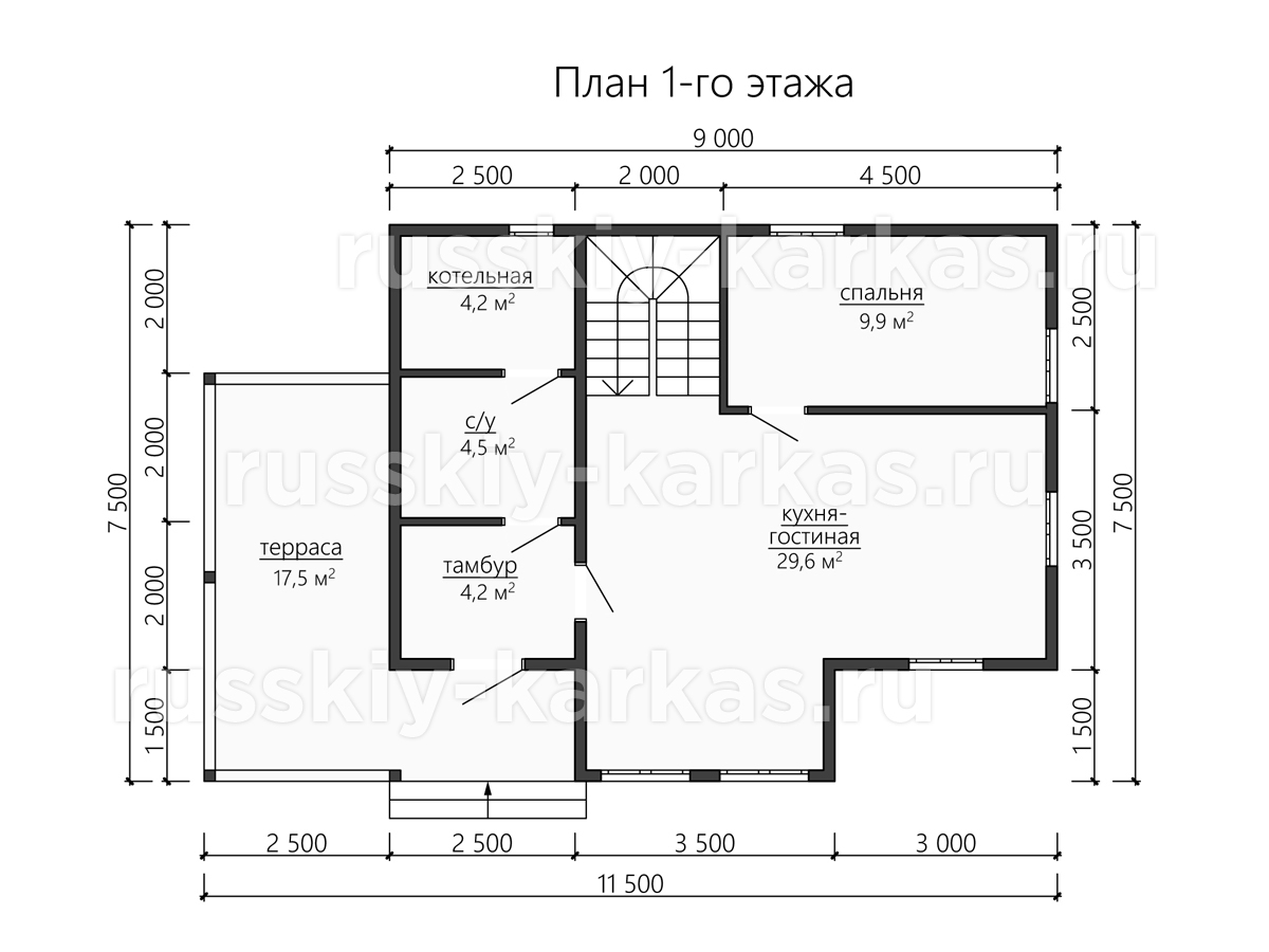 ДК197 - каркасный дом 11.5х7.5 - планировка 1 этажа
