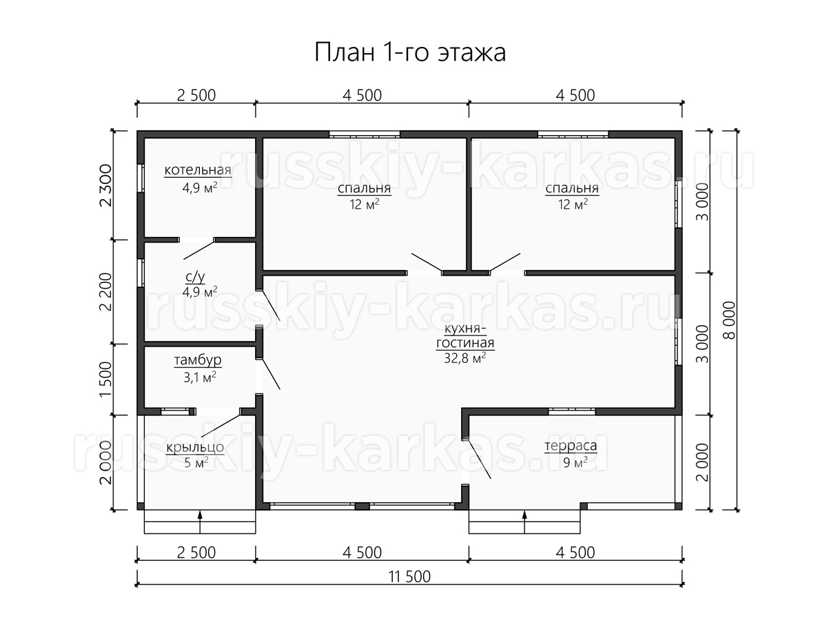 ДК198 - каркасный дом 11.5х8 - планировка 1 этажа